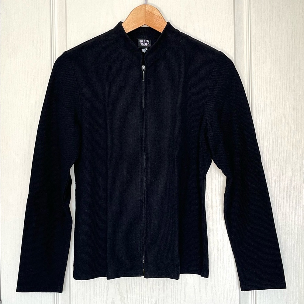 Eileen Fisher Ribbed Knit Zip Front Jacket Size 2P Capsule Wardrobe Quiet Luxury